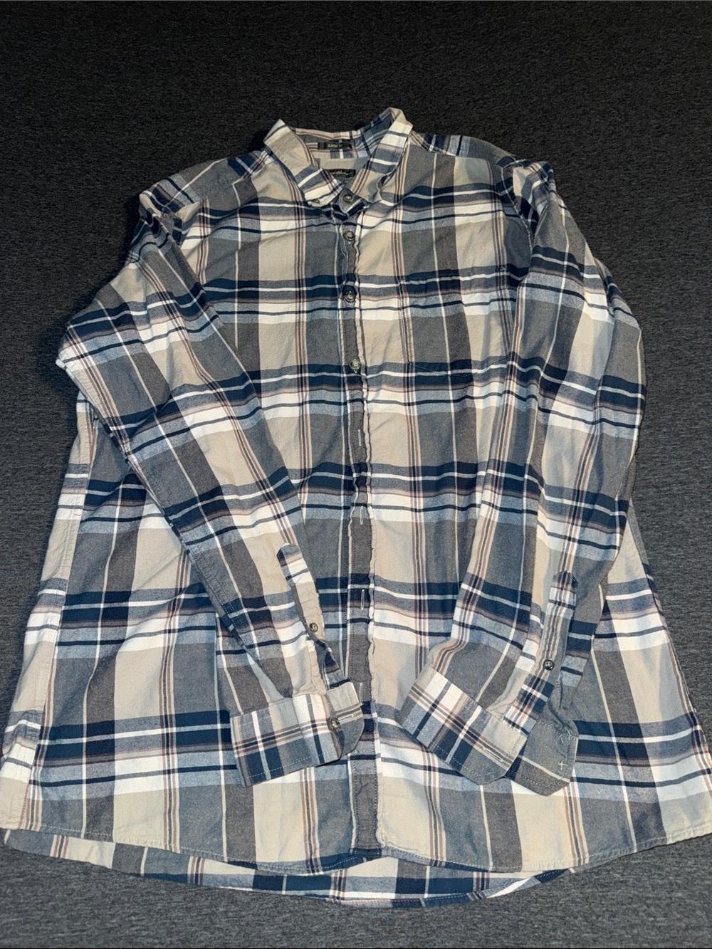 Eddie Bauer Blue, Gray & White Plaid Button-Down Shirt